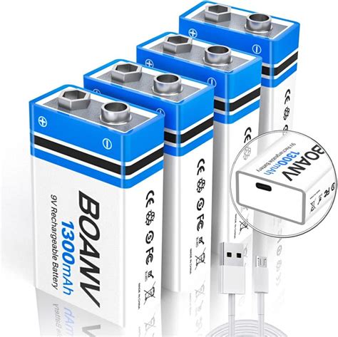 4 Pack 9V Rechargeable Batteries 1300mAh 9V Rechargeable USB Lithium