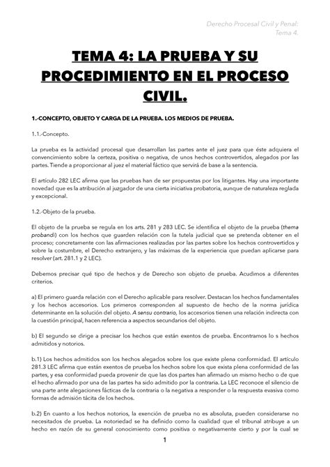 Tema Procesal Apuntes Tema Tema La Prueba Y Su