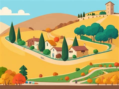 Charming Italian Village Whimsical Cartoon Landscape Drawing Premium