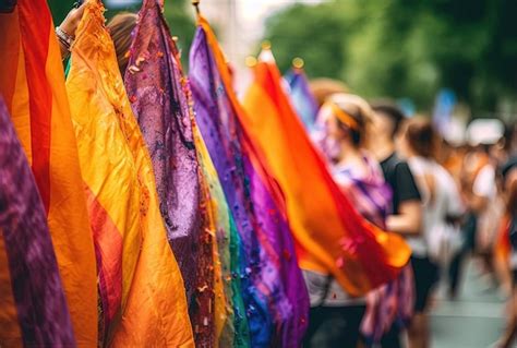 Gente En Un Desfile Del Orgullo Con Banderas Del Arco Iris En El Estilo