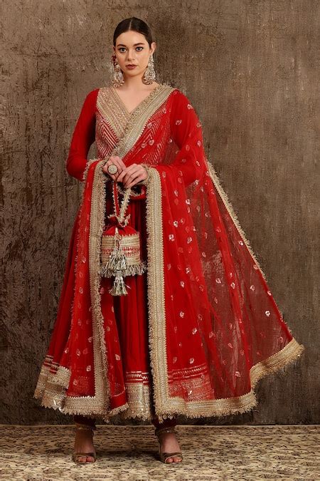 Buy Red Silk Chanderi Embroidery Dori V Neck Anarkali Set For Women By