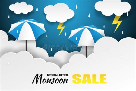 Monsoon Season Sale Design With Raining Drops Thunder Umbrella And