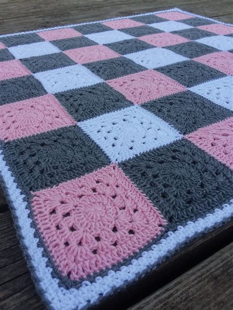 Crochet Pink Gray And White Gingham Baby Blanket Hand Made