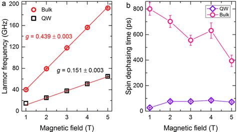 4: Magnetic field dependence of (a) Larmor precession frequency and (b ...