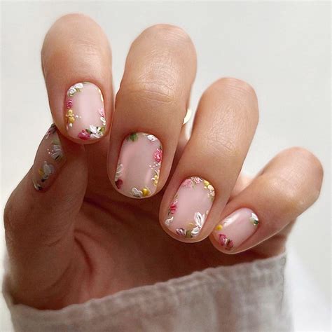 Pcs Short Oval False Nails Floral Stick On Nails Nude Pink Press On