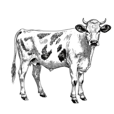 Vaca isolada em fundo branco gado de fazenda ilustração em tinta preta