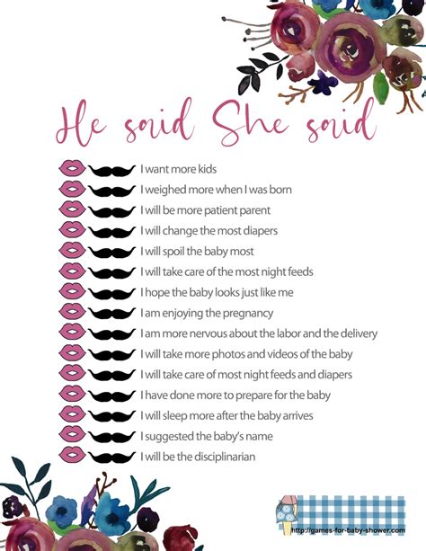 Free Printable He Said She Said Baby Shower Game