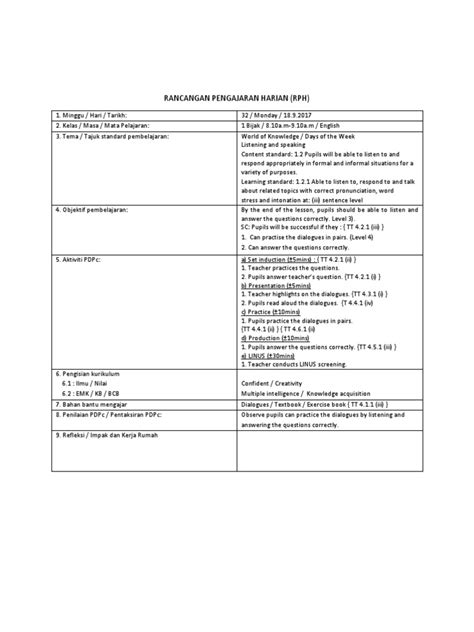 Rancangan Pengajaran Harian Rph Pdf English Language Linguistics