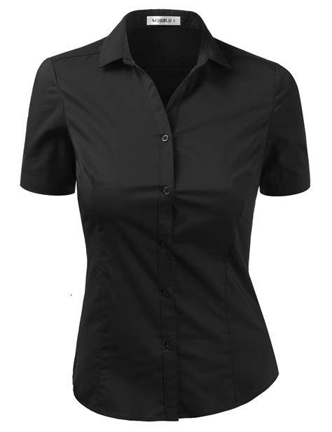 Doublju Womens Slim Fit Plain Classic Short Sleeve Button Down Collar