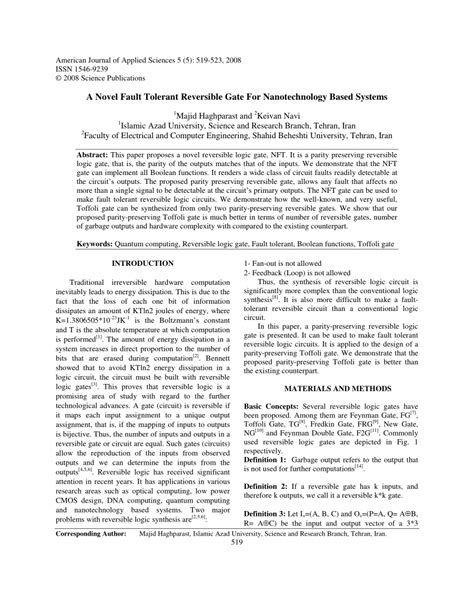 PDF A Novel Fault Tolerant Reversible Gate For Nanotechnology Based