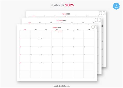 Planner Digital Mensal 2025 A4 Para Imprimir Obah Digital