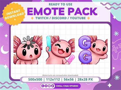 Axolotl Twitch Emote Pack Of 15 Chibi Emotes Kawaii Streamer Emotes