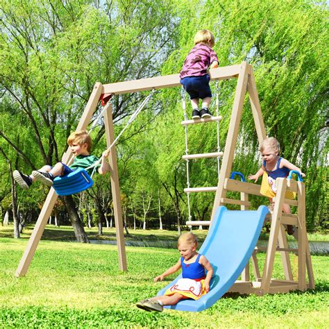 Kids Swing Set with Slide, Wooden Outdoor Playset Swing Set for Kids Teens, Backyard Activity ...