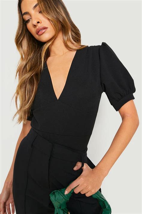 Womens Black Plunge Puff Sleeve Bodysuit Boohoo Uk