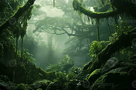 A lush forest with vibrant green moss-covered trees AI Generated ...