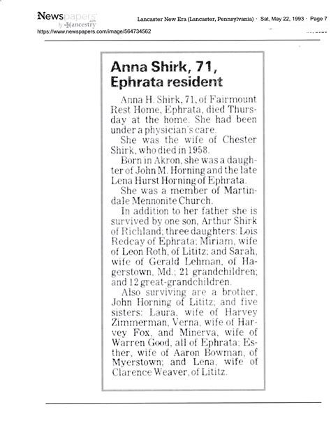 Anna Horning Shirk 1921 1993 Find A Grave Memorial