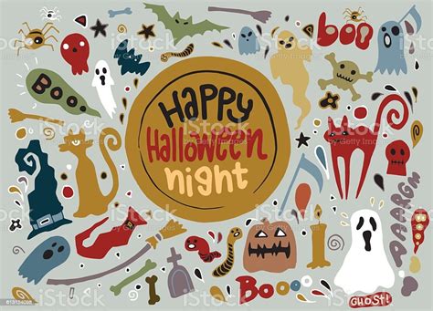 Cute Happy Halloween Night Backgroundhand Drawn Style Stock