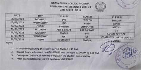 Date Sheet Half Yearly Exam Udaya Public School Faizabad