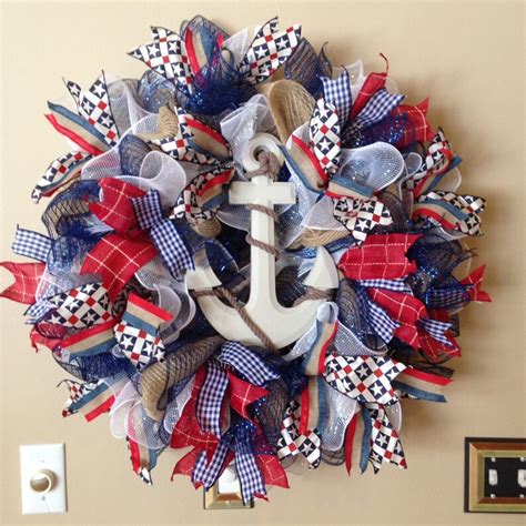 Nautical Deco Mesh Wreath Summer Wreath With Anchor Red Etsy