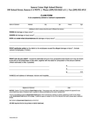 Fillable Online Claim Form Sonora Union High School District Fax