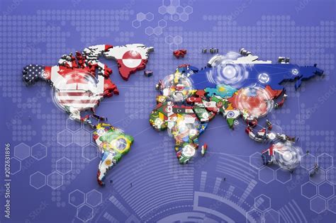 World map with all states and their flags,3d render Stock Illustration | Adobe Stock