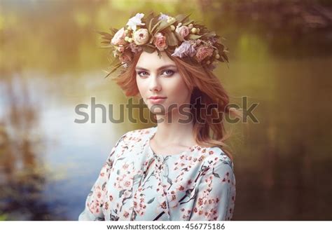Beautiful Blonde Woman Flower Wreath On Stock Photo Edit Now 456775186