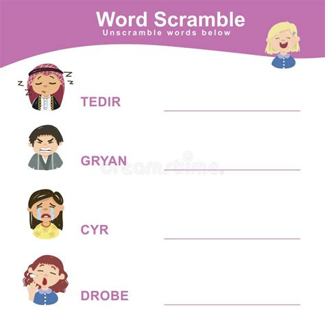 Word Scramble Worksheet for Toddler Learning about Feelings Stock Vector - Illustration of tired ...