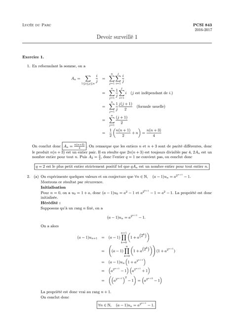 Devoir Corrige Devoir Corrige Lyc E Du Parc Pcsi