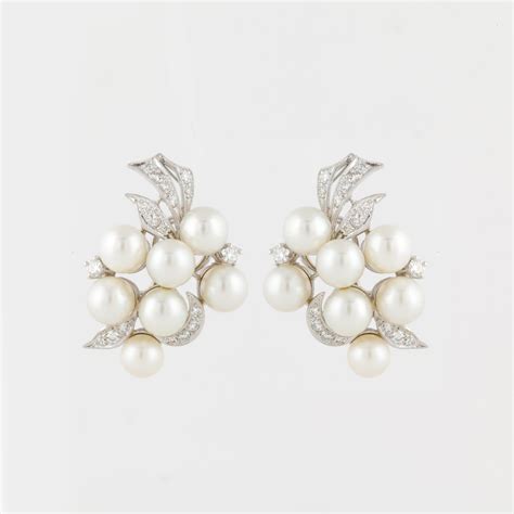 Cultured Pearl And Diamond Cluster Earrings In 14 Karat White Gold At 1stdibs Cluster Pearl