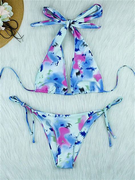 Conjunto de Maiô Bikini alças halter e estampa tie dye sexy para