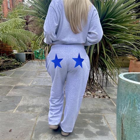 Double Metallic Dark Blue Star Bum Grey Joggers Depop