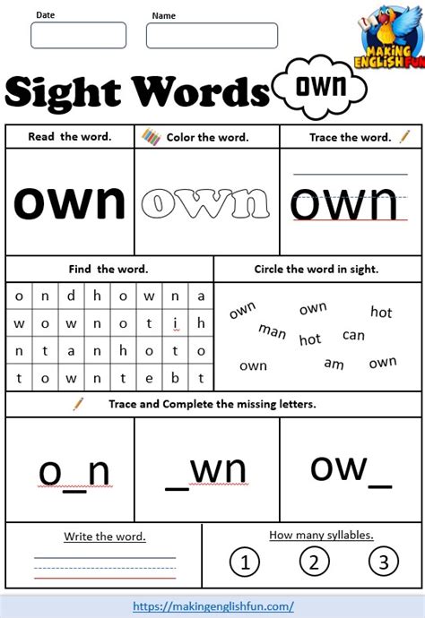 Free Printable Grade 3 Dolch Sight Word Worksheet “own”making English Fun