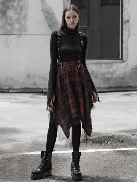 Punk Rave Red Street Fashion Gothic Punk Irregular Plaid Midi Suspender