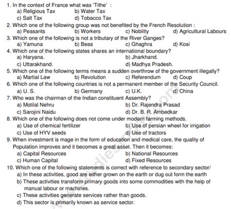 Cbse Class 9 Social Science Practice Question Paper Set O