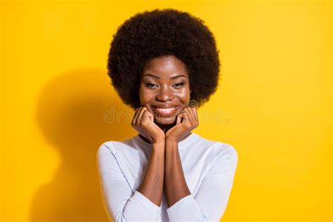 Portrait Of Optimistic Brunette Short Hair Lady Hands Chin Wear White