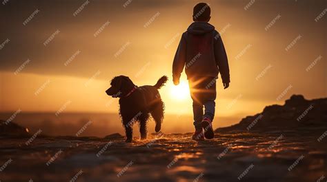 Premium AI Image | dark silhouette image of a boy walking with dog