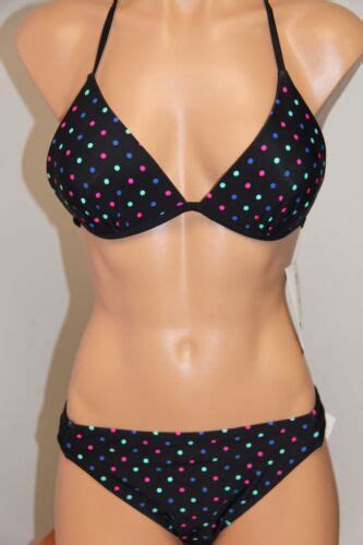 Nwt California Waves Swimsuit Bikini Piece Set Sz S Black Multi Dots