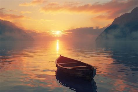 Premium Photo A Solitary Boat On A Serene Lake At Sunrise