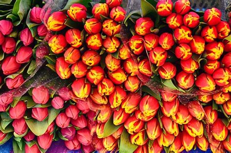 Premium Photo | Colorful spring large bunches of tulips lying on a market stall