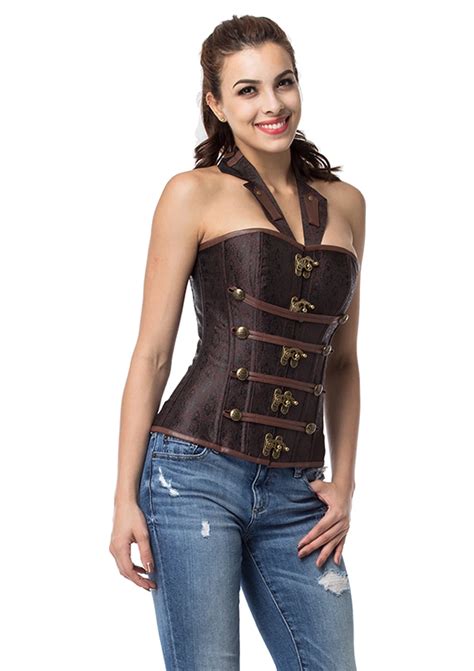 Hot Sale Brown Leather Corset Women Collar Zipper Gothic Steampunk