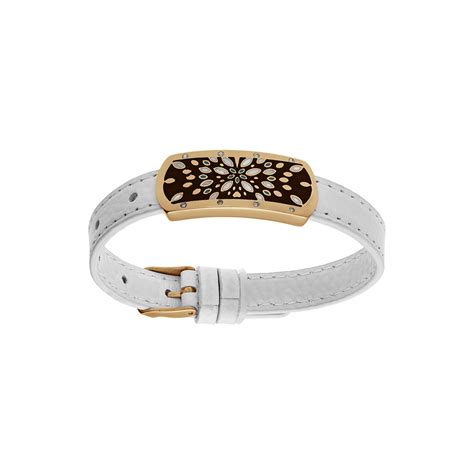 Bracelet Stella Mia En Acier Et Pvd Jaune Cuir Blanc Plaque