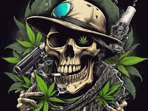 Skull Smoking Weed Design And Pistols Premium Ai Generated Image