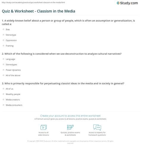 Quiz & Worksheet - Classism in the Media | Study.com