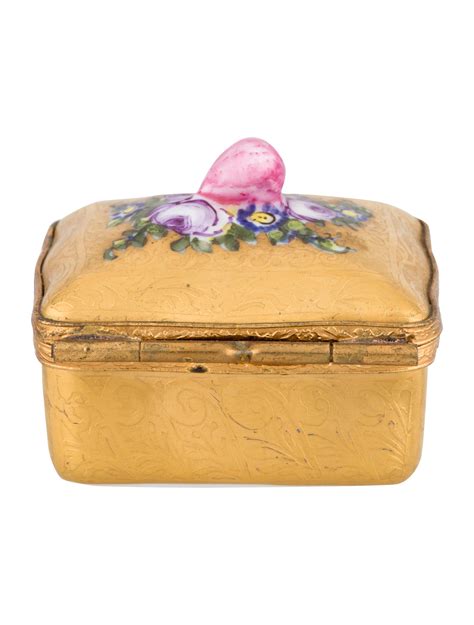 Gilt Hand Painted Limoges Porcelain Trinket Box With Floral Motif And