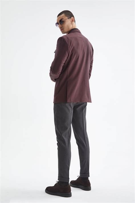 Antioch Bordo Slim Fit Kruvaze Erkek Kadife Blazer Ceket