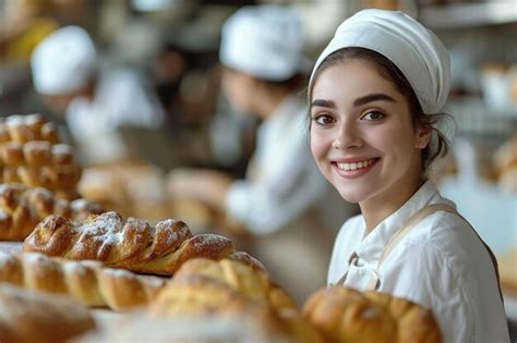 Premium Photo Portrait Of A Smiling Female Baker Holding Basket Of