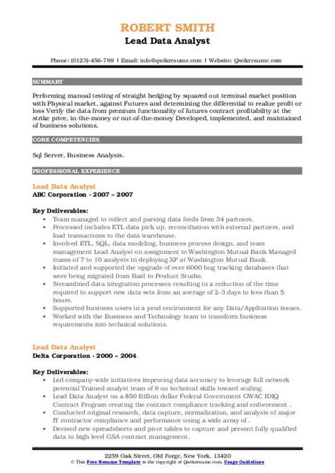 Lead Data Analyst Resume Samples Qwikresume