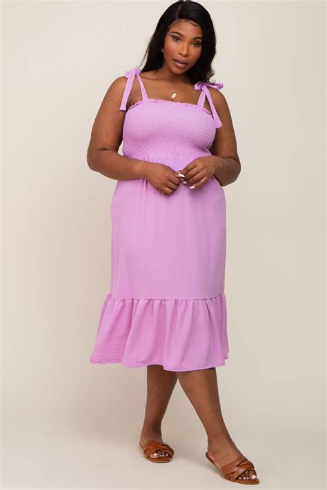 Lavender Smocked Shoulder Tie Plus Midi Dress Pinkblush