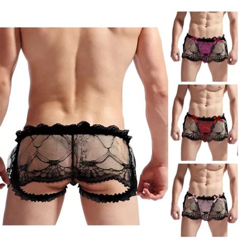 Mens Sissy Pouch Panties Lace Thong G String Skirted Bikini Briefs