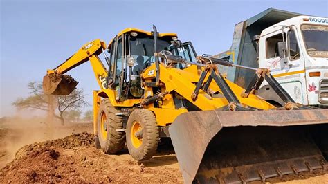 Jcb Backhoe Fully Loading Mud In Dumpers Tata Dump Trucks For House